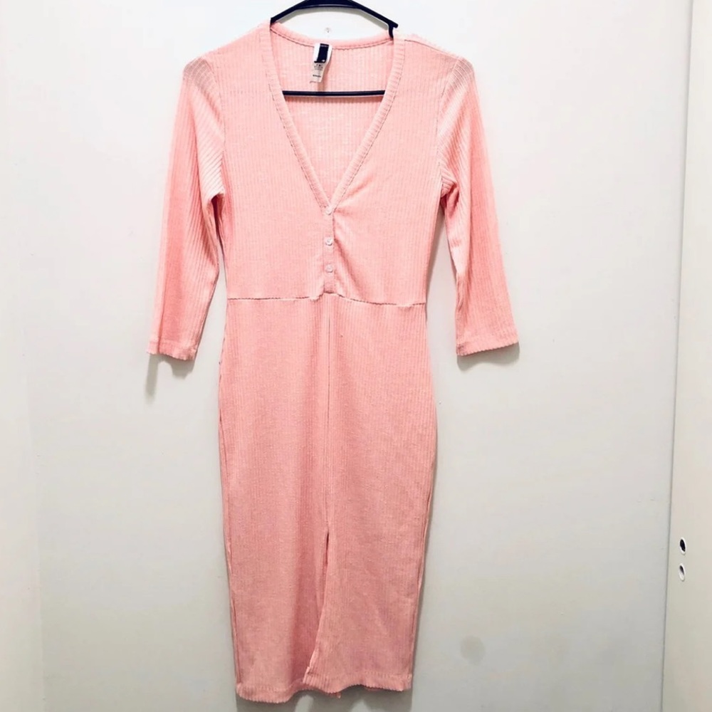 Pink Ribbed Midi Dress